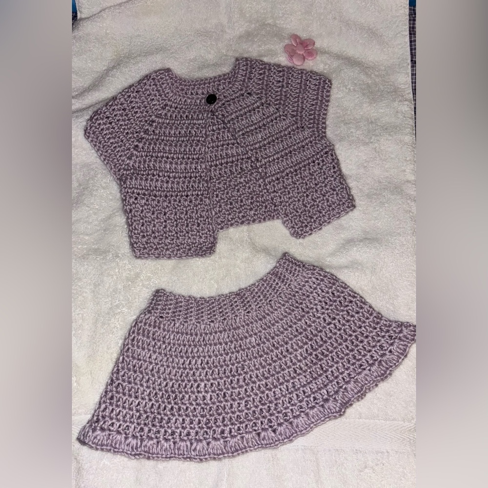 Handmade Crochet Baby Outfit Set – Lavender Cardigan & Skirt (12-24Months)